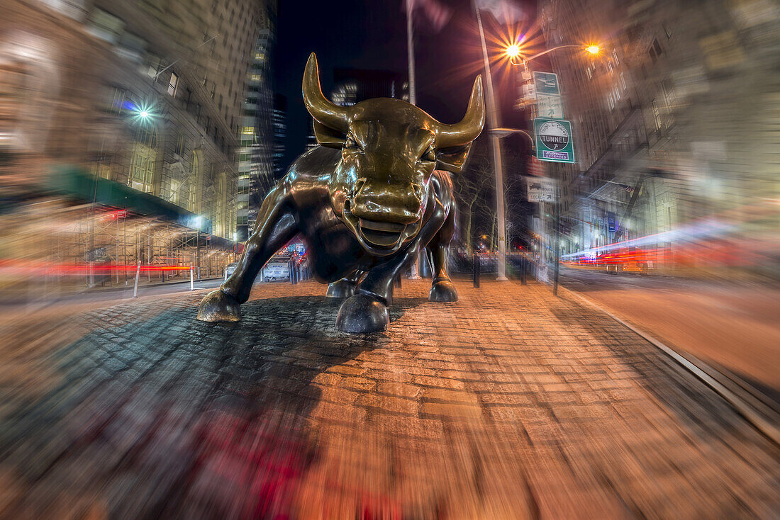 Wall Street Bull At Nighttime, Bowling Green; New York City, New York, United States Of America