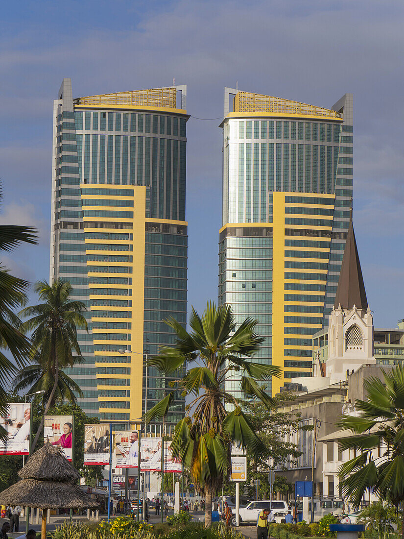 Twin Buildings, St. Joseph's Cathedral And Palm Trees; Dar Es Salaam, Tanzania