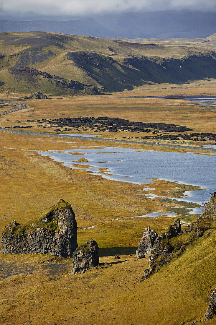 Rugged and mountainous landscape on Dyrholaey Island, near Vik, southern Iceland; Dyrholaey Island, Iceland