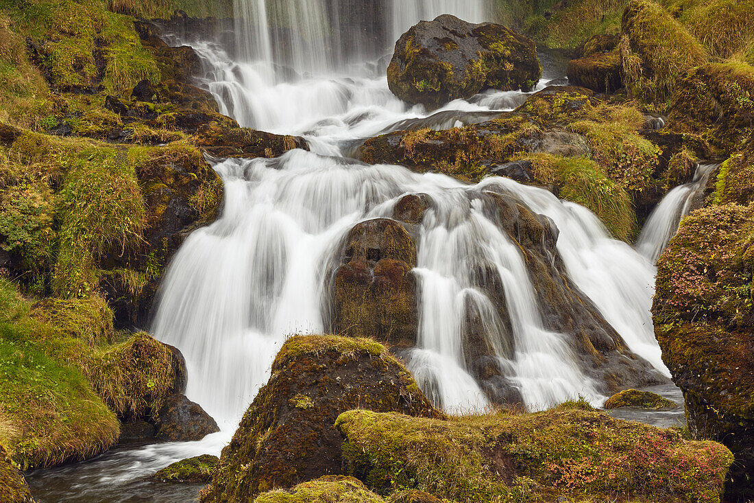 Moosbewachsener Fels und die raue Schönheit des Hafrafell-Wasserfalls in den Bergen bei Stykkisholmur, Halbinsel Snaefellsnes im Westen Islands; Island