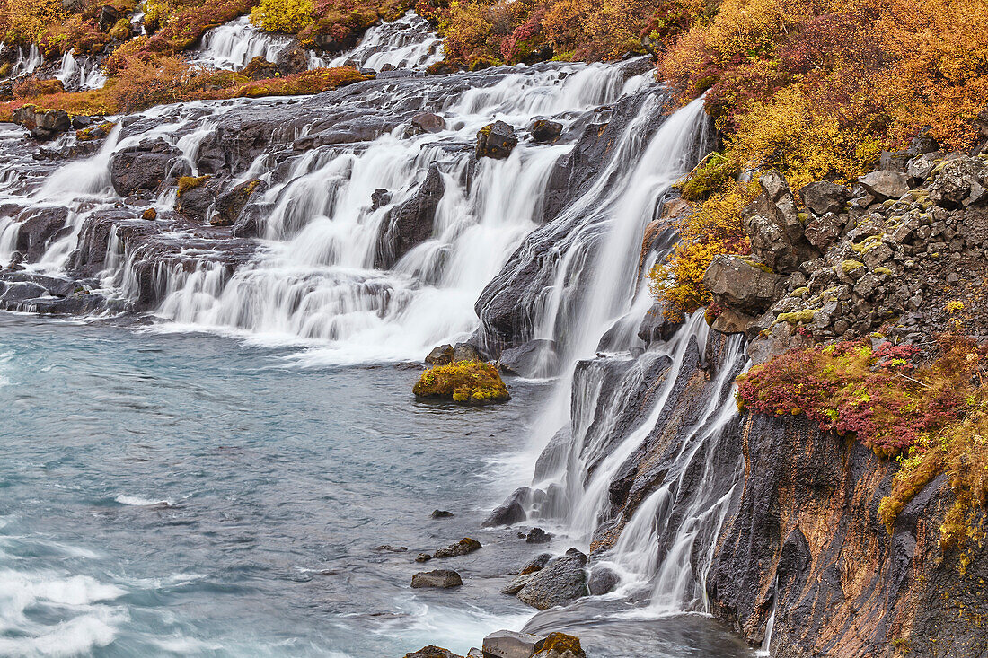 Hraunfosser Falls and the Hvita River, near Reykholt, west Iceland; Iceland