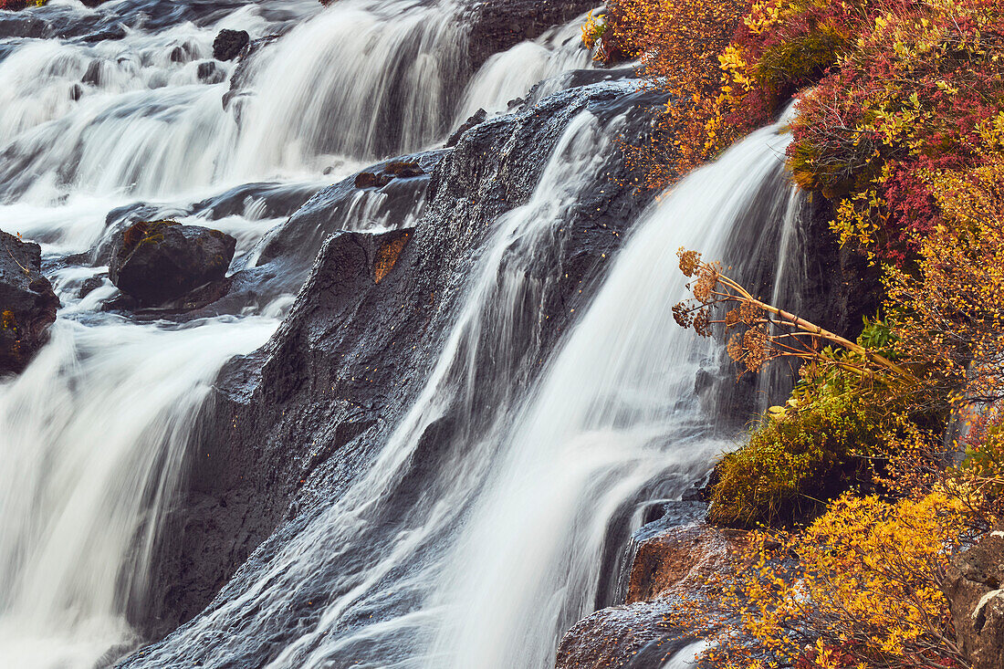 Nahaufnahme des Wasserfalls Hraunfossar in der Nähe von Reykholt, im Westen Islands; Island.