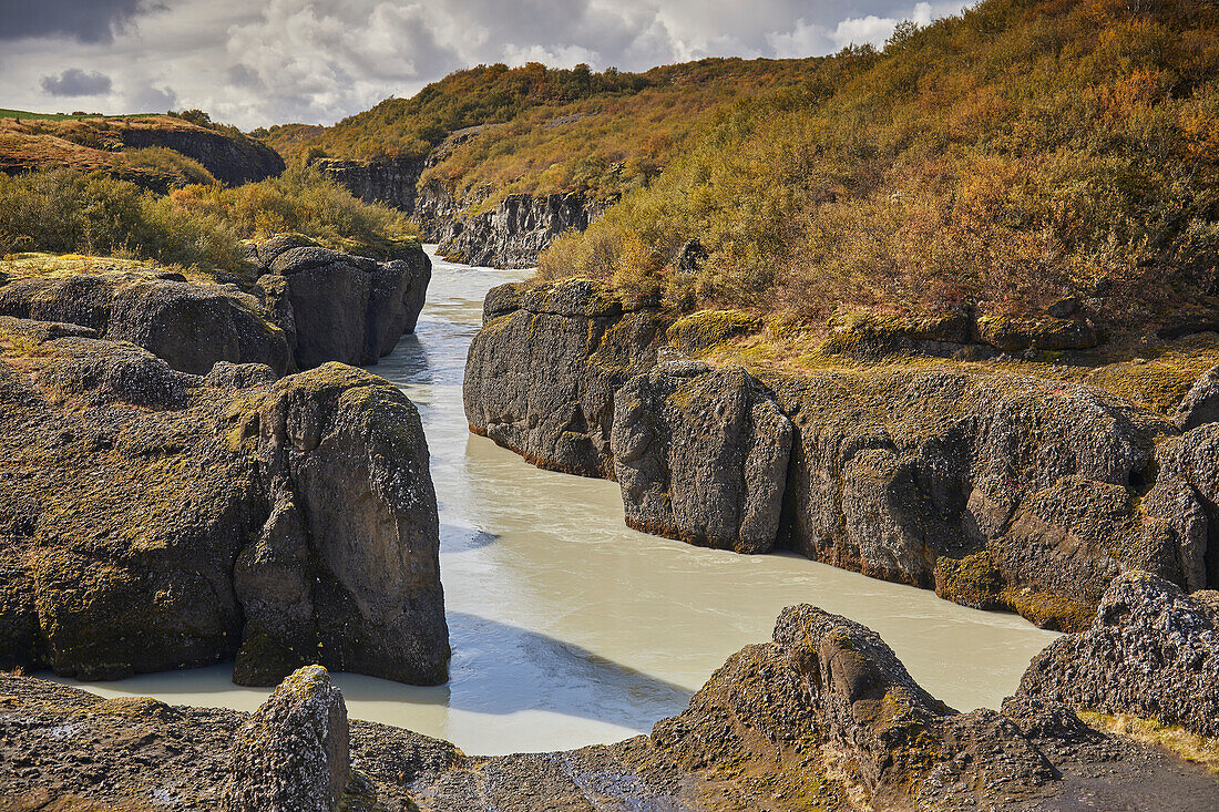 Tranquil River Hvita runs through a gorge near Geysir, in the Golden Circle of Southern Iceland; Iceland