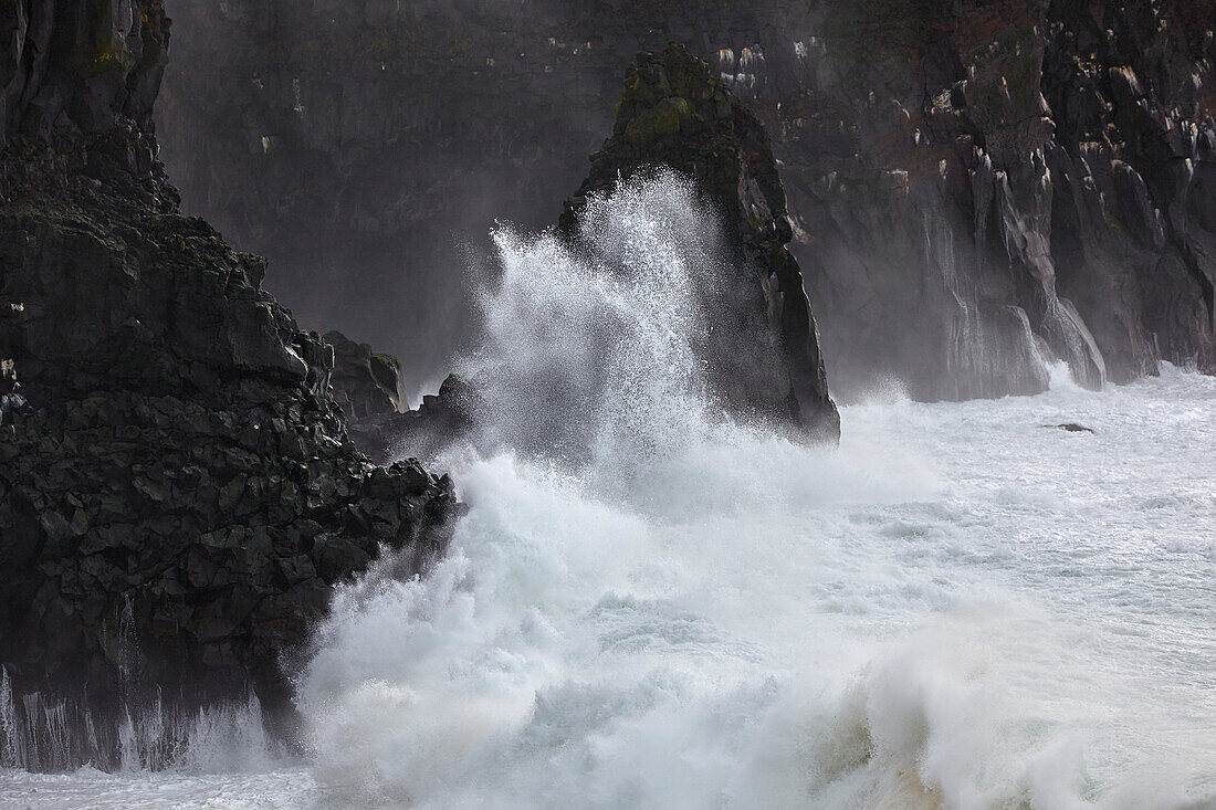 Surf on cliffs at Skalasnagi, Snaefellsnes peninsula, west coast of Iceland; Iceland