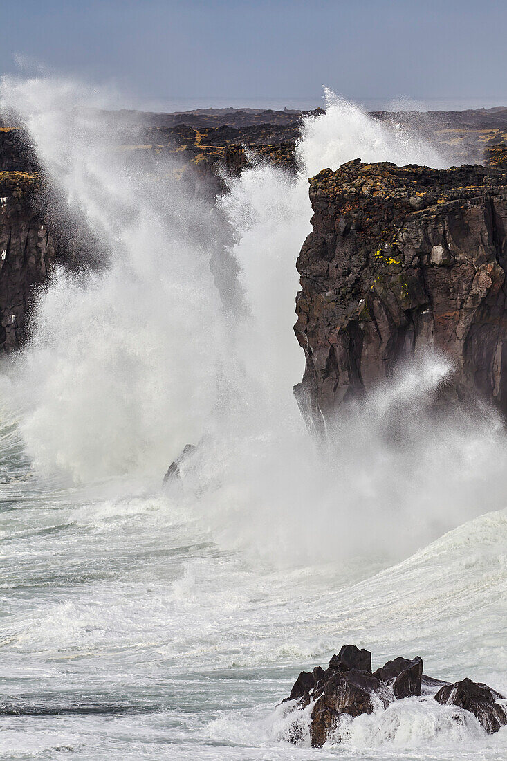 Surf on cliffs at Skalasnagi, Snaefellsnes peninsula, west coast of Iceland; Iceland