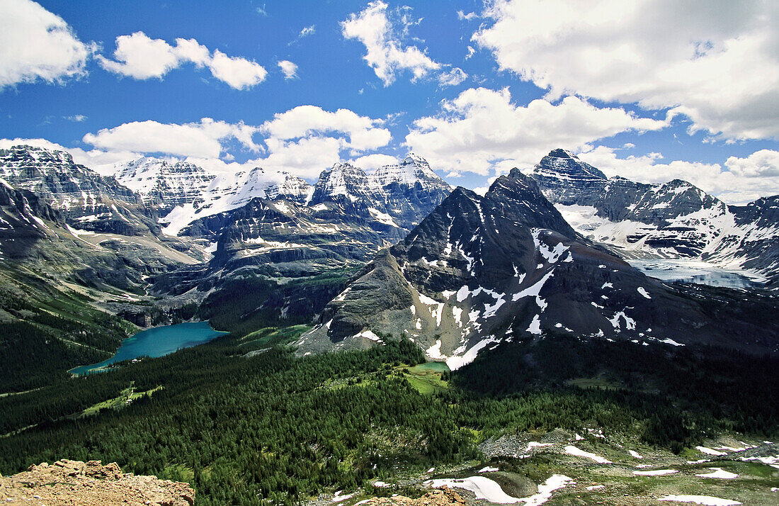 Blick auf die schneebedeckten Rocky Mountains im Yoho National Park; British Columbia, Kanada.