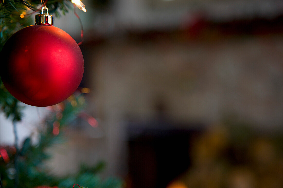 Close up of a red Christmas bauble