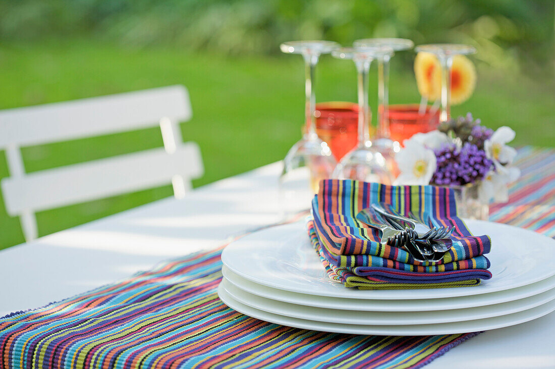 Close up of tableware on a garden table