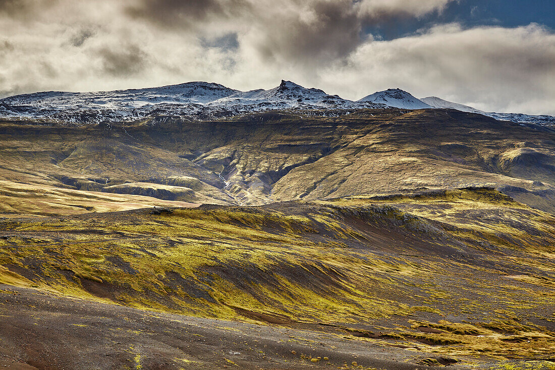 Vast rugged landscape with snow-capped mountains and snows of Snaefellsjokull, Snaefellsnes peninsula, west coast of Iceland; Iceland