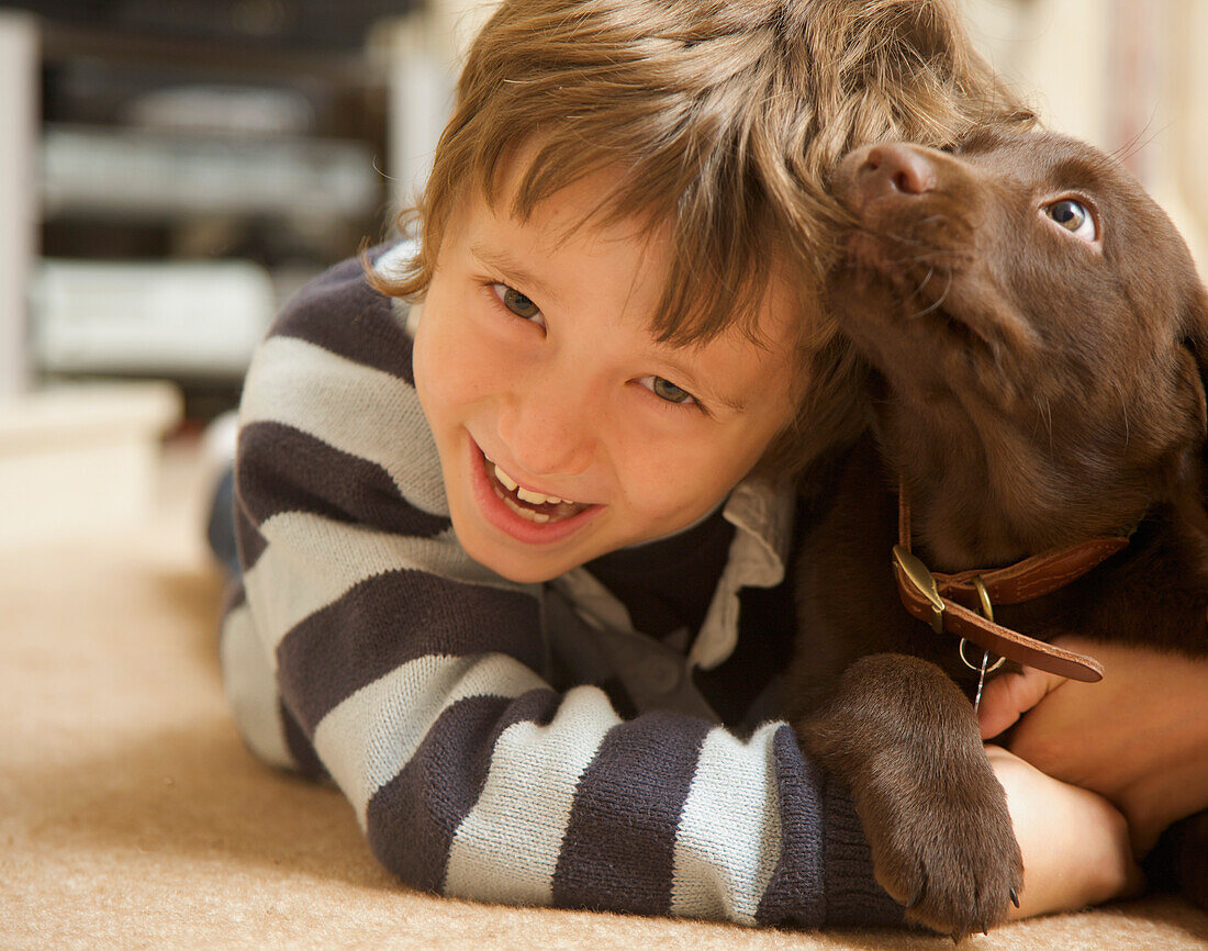 Lächelnder Junge mit einem Schokoladen-Labrador-Welpen, der an seinem Haar kaut