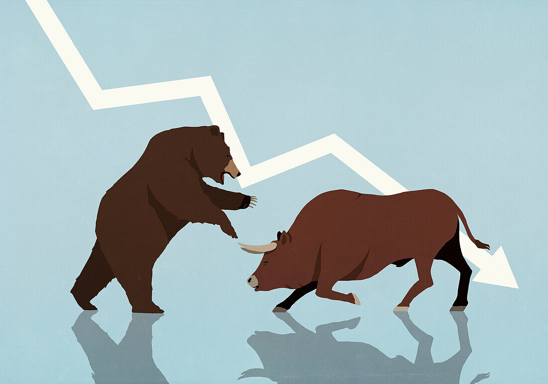 Stier und Bär kämpfen unter fallendem Börsenpfeil