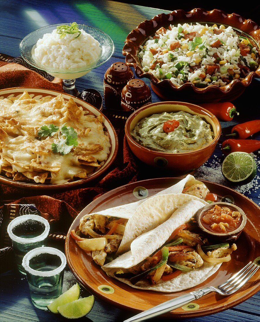 Mexican menu with nachos, guacamole, fajitas, rice, granita