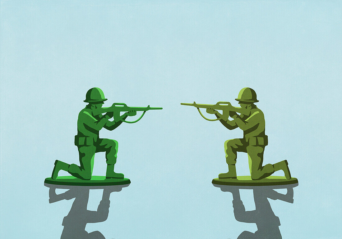Spielzeugsoldaten mit Gewehren von Angesicht zu Angesicht auf blauem Hintergrund