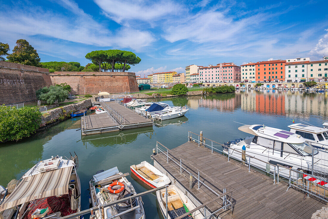 View of Nuova Fortress and canal, Livorno, Province of Livorno, Tuscany, Italy, Europe