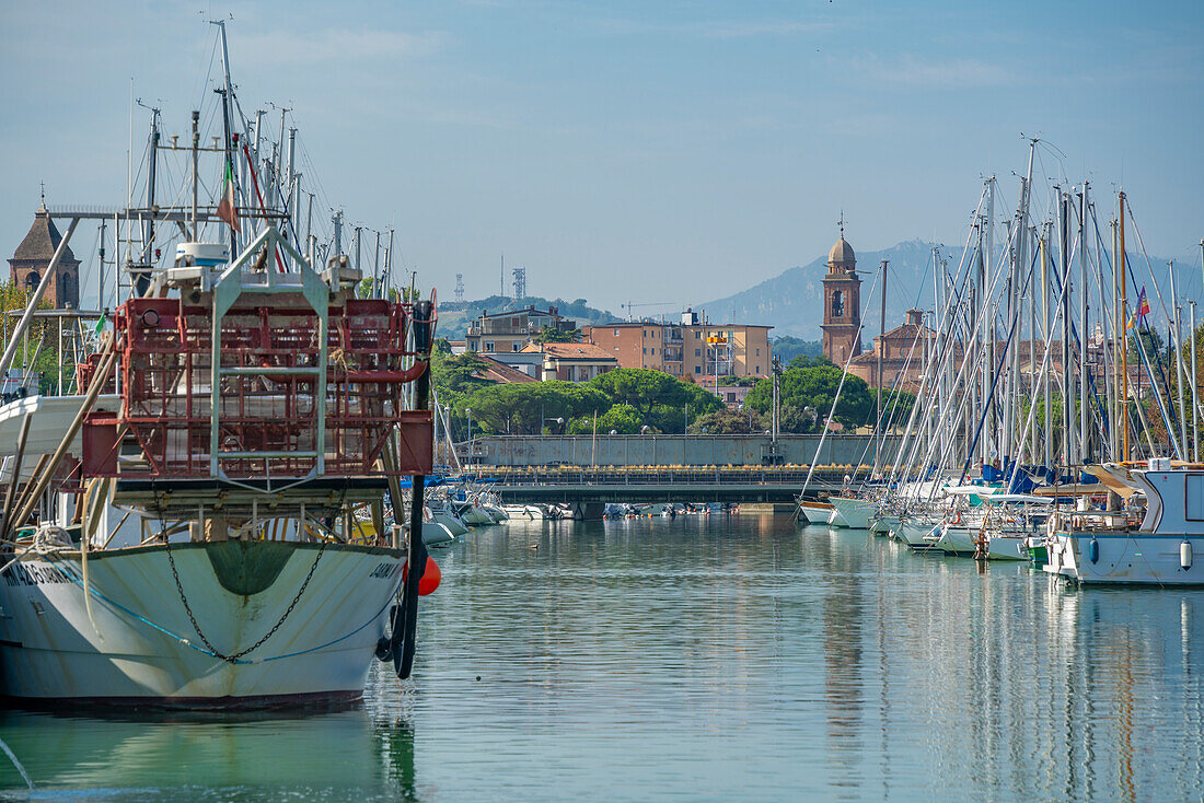 View of boats and Rimini canal, Rimini, Emilia-Romagna, Italy, Europe