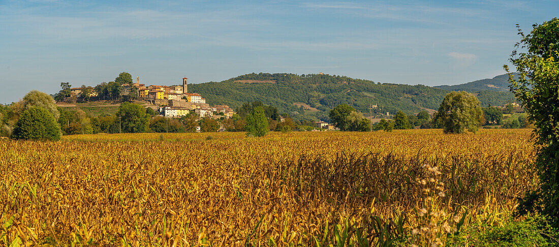 Blick auf Monterchi und die umliegende Landschaft, Provinz Arezzo, Toskana, Italien, Europa