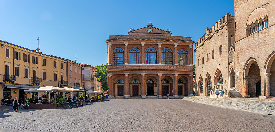 View of Teatro Amintore Galli and Palazzo del Podesta in Piazza Cavour in Rimini, Rimini, Emilia-Romagna, Italy, Europe