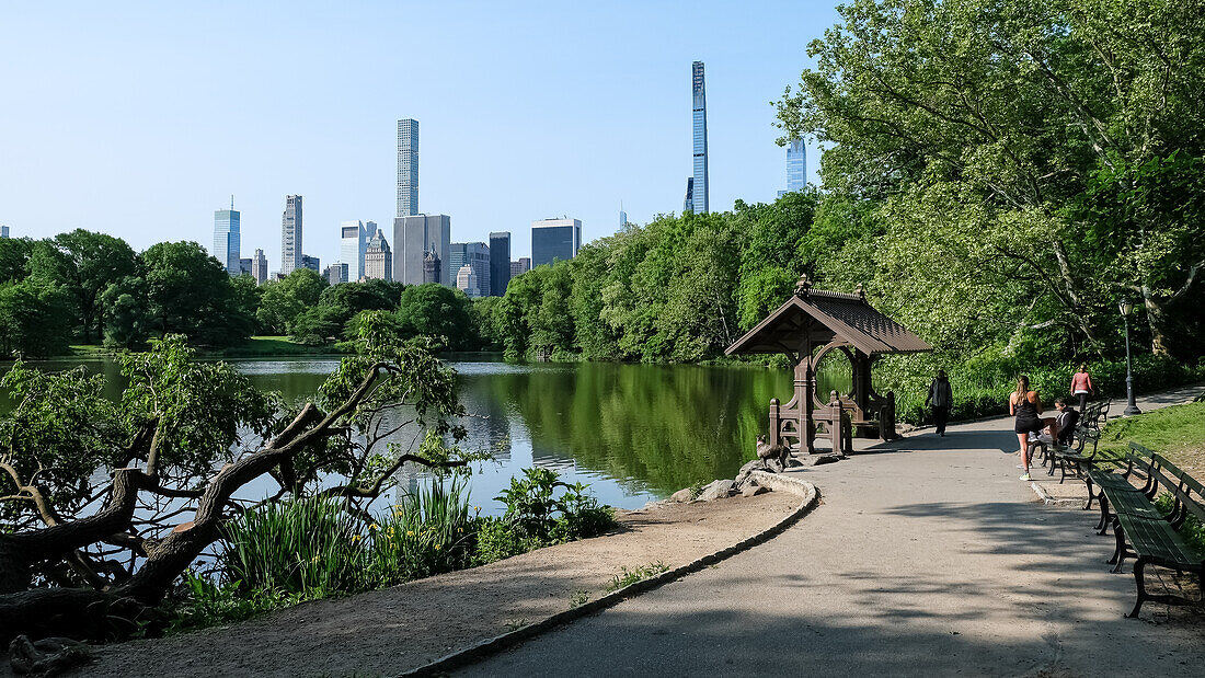 Stadtbild von New York City vom See aus gesehen, dem größten Gewässer des Central Park nach dem Stausee, Central Park, Manhattan, New York City, Vereinigte Staaten von Amerika, Nordamerika