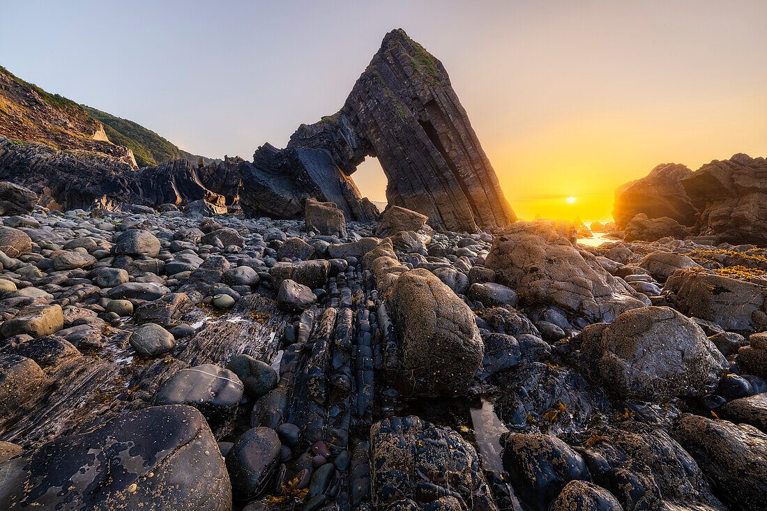 Blackchurch Rock bei Sonnenuntergang, Mouthmill, Nord-Devon, England, Vereinigtes Königreich, Europa