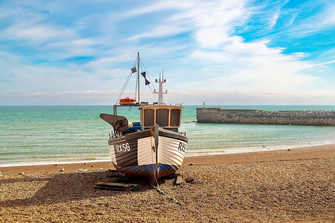 Fishing boats on The Stade (the fishermen's beach) at Hastings, East Sussex, England, United Kingdom, Europe