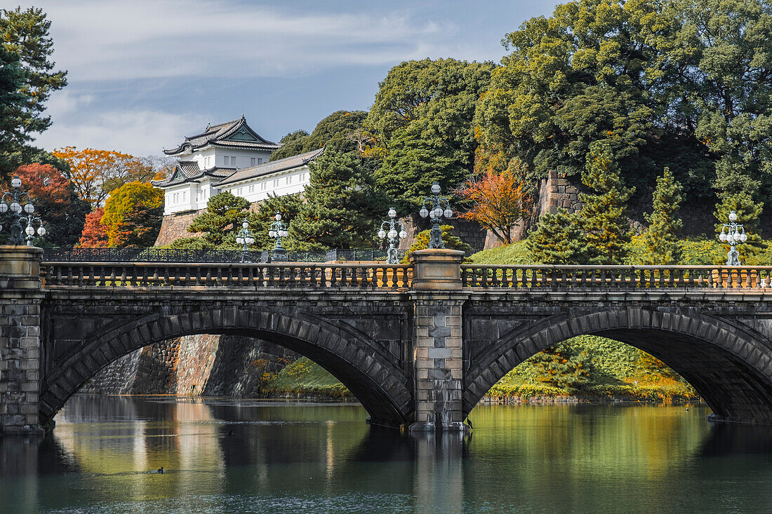 Nijubashi bridge over the moat and a guard tower in the Imperial Palace of Tokyo in autumn, Tokyo, Honshu, Japan, Asia