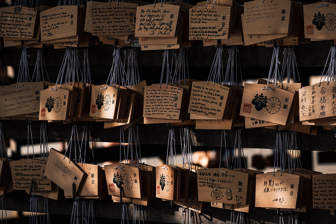 Ema-Votivtafeln aus Holz im Meiji-Schrein, Tokio, Honshu, Japan, Asien