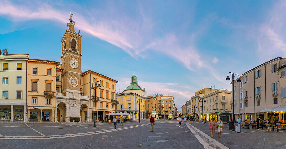 View of Torre dell'Orologio in Piazza Tre Martiri, Rimini, Emilia-Romagna, Italy, Europe