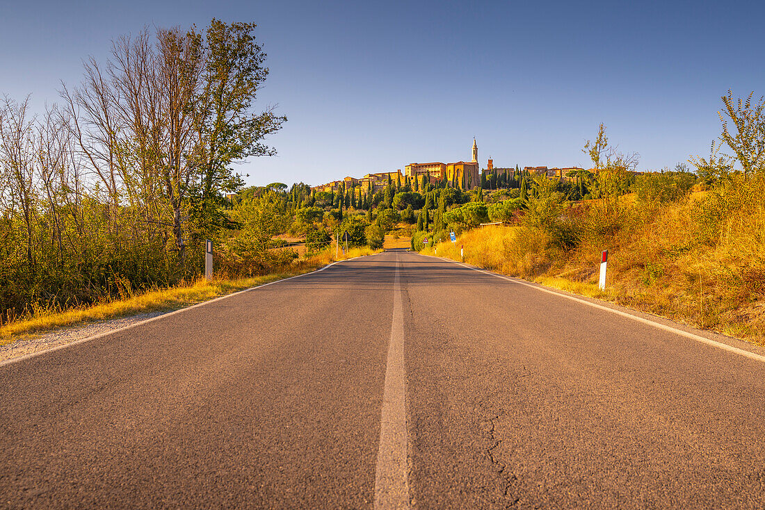 Blick auf die nach Pienza führende Straße, Pienza, Provinz Siena, Toskana, Italien, Europa