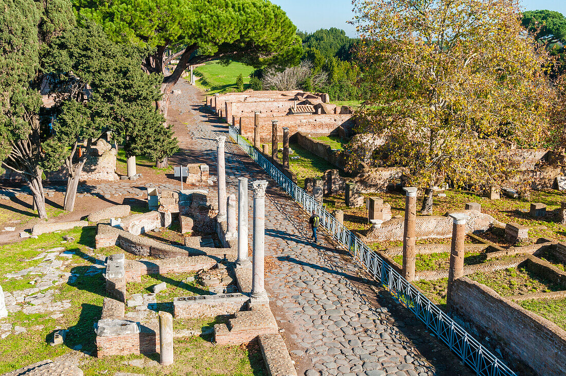 View from above of Decumanus, Ostia Antica archaeological site, Ostia, Rome province, Latium (Lazio), Italy, Europe