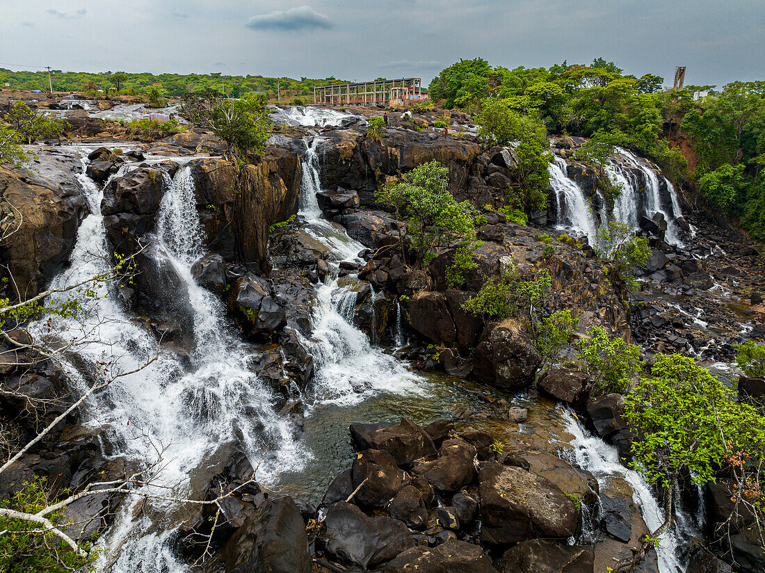 Aerial of Chiumbe waterfalls, Lunda Sul, Angola, Africa