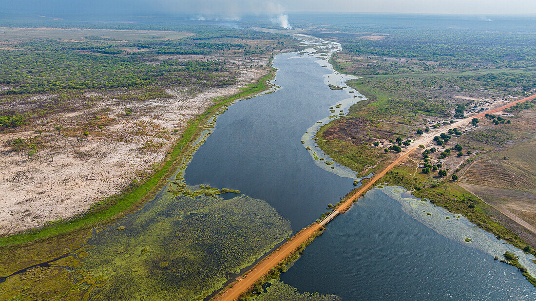 Aerial of the Mundolola lagoon, Moxico, Angola, Africa