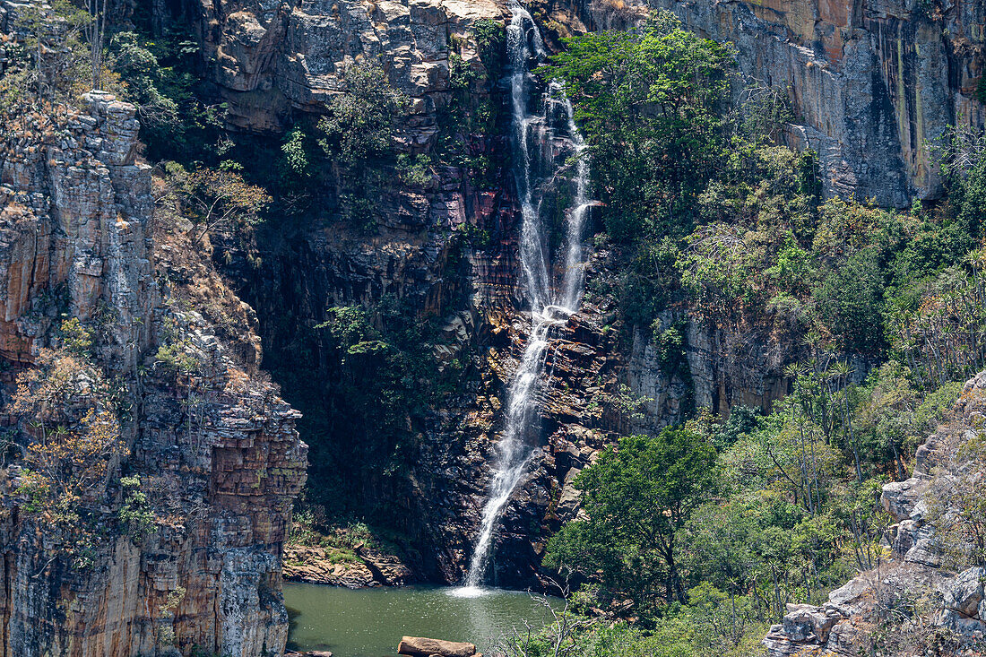 Aerial of a waterfall at the Serra da Leba mountain pass, Angola, Africa