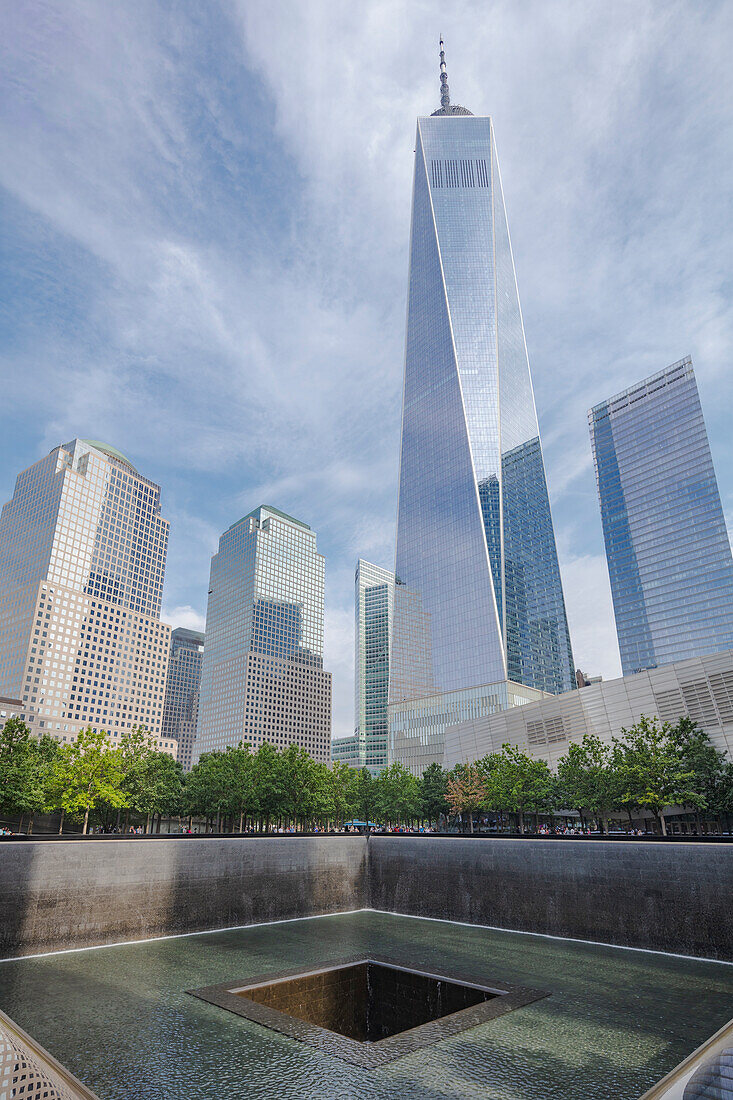 One World Trade Centre and buildings in Lower Manhattan with the 9/11 Memorial's reflecting pools, New York City, United States of America, North America