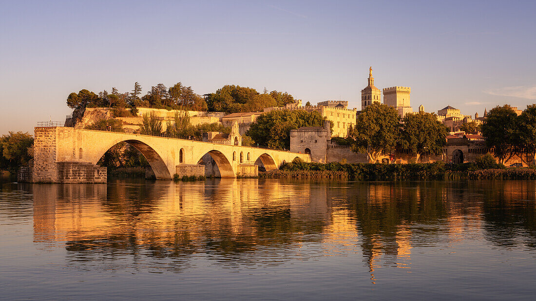 Bridge St. Benezet over Rhone River with Notre Dame des Doms Cathedral and Papal Palace, UNESCO World Heritage Site, Avignon, Provence, Provence-Alpes-Cote d'Azur, France, Europe