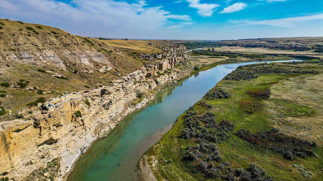 Aerials of Hoodoos along the Milk River, Writing-on-Stone Provincial Park, UNESCO World Heritage Site, Alberta, Canada, North America