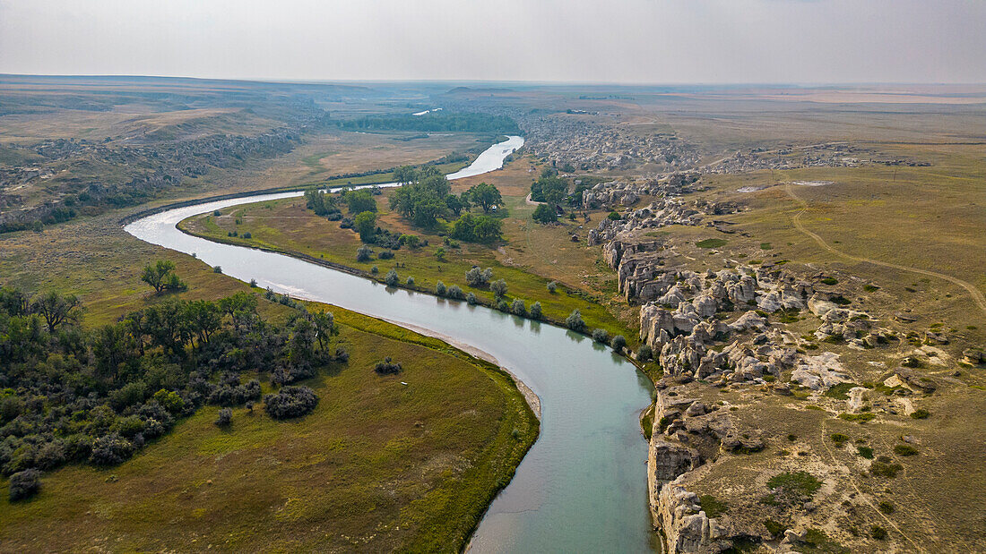 Aerials of Hoodoos along the Milk River, Writing-on-Stone Provincial Park, UNESCO World Heritage Site, Alberta, Canada, North America