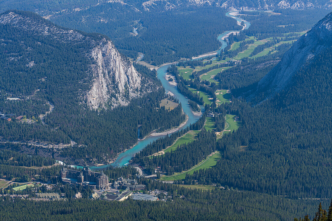 Fairmont Banff Springs Hotel viewed from Sulphur Mountain top, Banff National Park, UNESCO World Heritage Site, Alberta, Rocky Mountains, Canada, North America