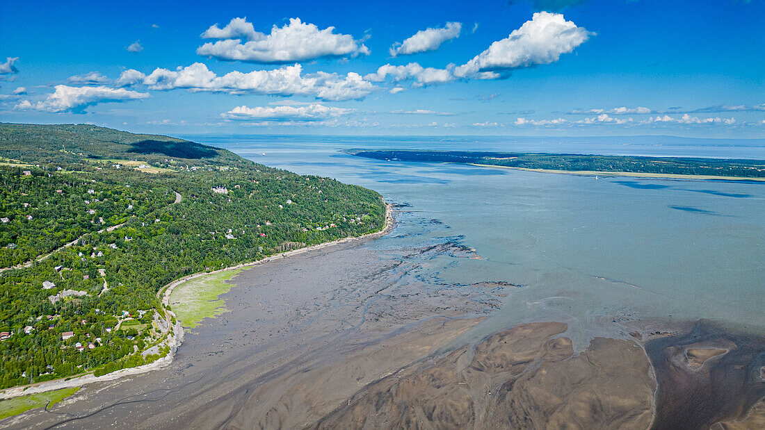 Aerial of the Gouffre River flowing in the St. Lawrence River, Quebec, Canada, North America