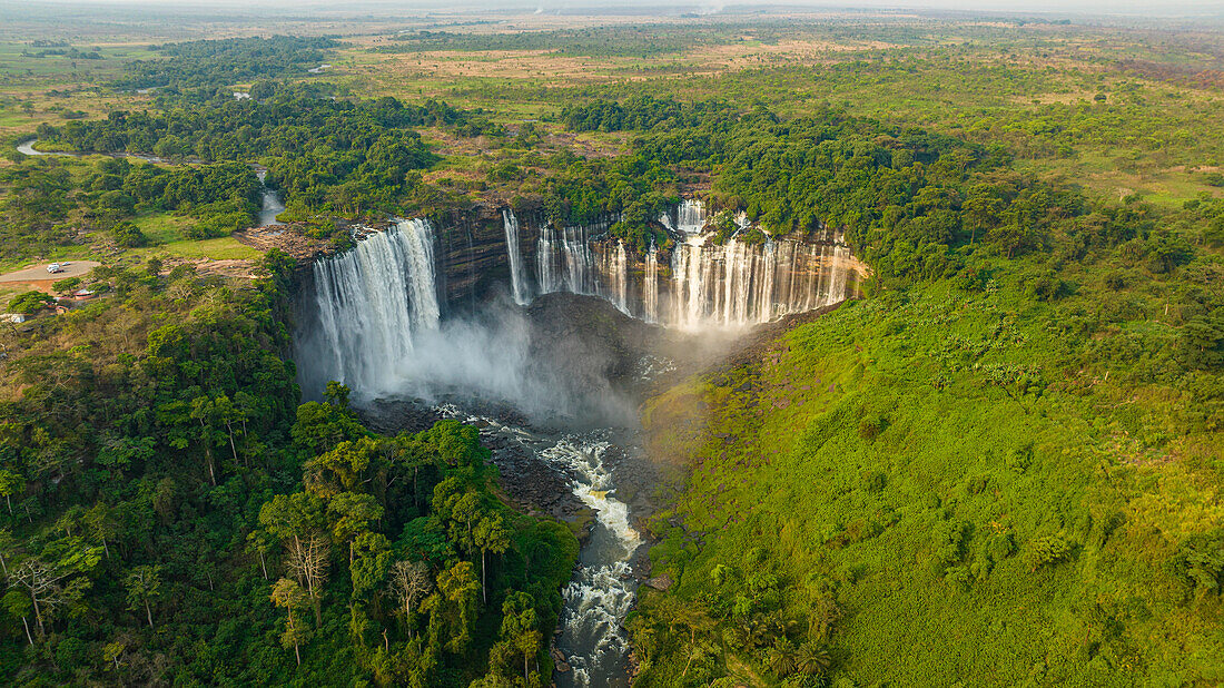 Aerial of the third highest waterfall in Africa, Calandula Falls, Malanje, Angola, Africa