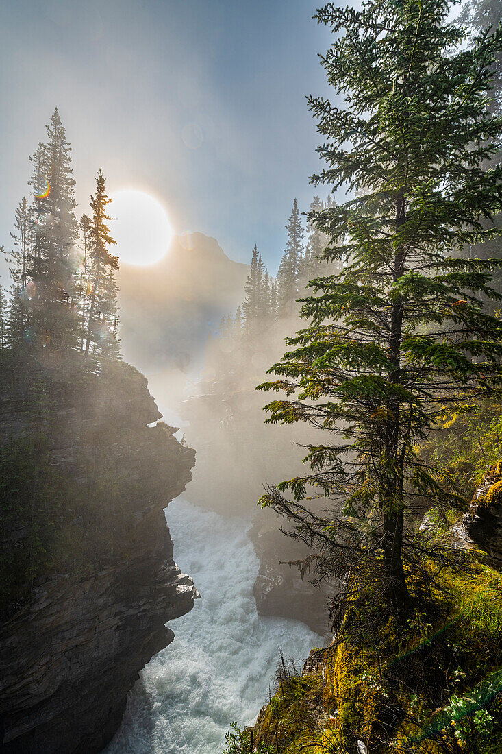 Athabasca Falls bei Sonnenaufgang, Glacier Parkway, Jasper National Park, UNESCO-Weltkulturerbe, Alberta, Kanadische Rocky Mountains, Kanada, Nordamerika