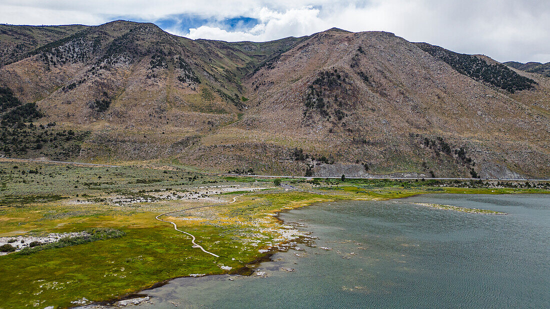 Aerial of the saline soda lake, Mono Lake, California, United States of America, North America