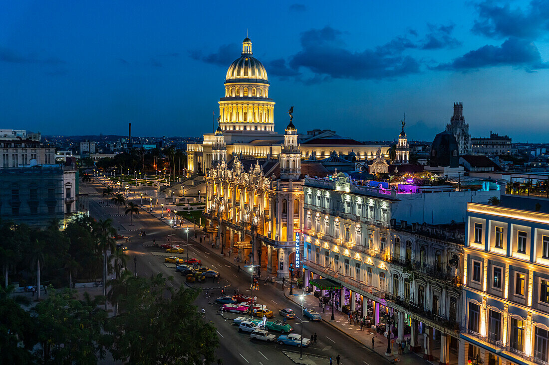 View at night over Havana and its Capitol, Havana, Cuba, West Indies, Central America