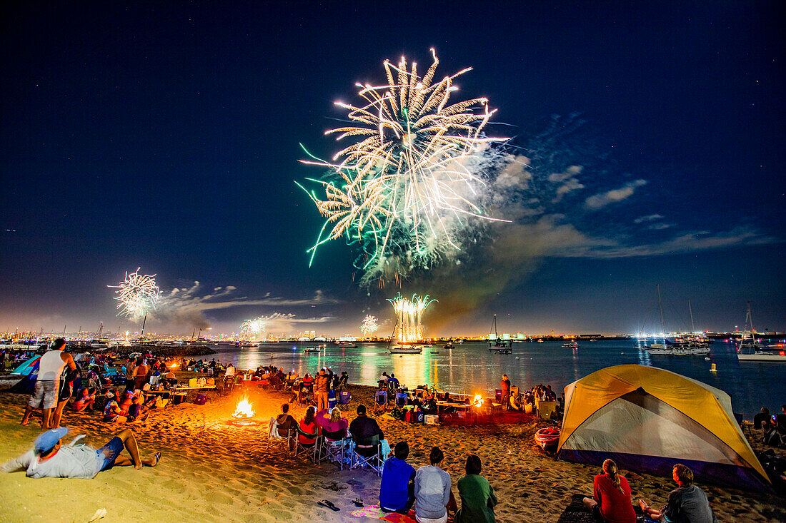 Fireworks display viewed from Shelter Island in San Diego, California, United States of America, North America