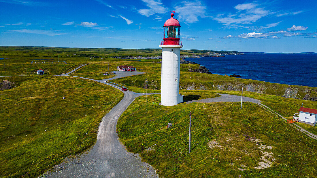 Aerial of Cape Race Lighthouse, Mistaken Point, UNESCO World Heritage Site, Avalon Peninsula, Newfoundland, Canada, North America