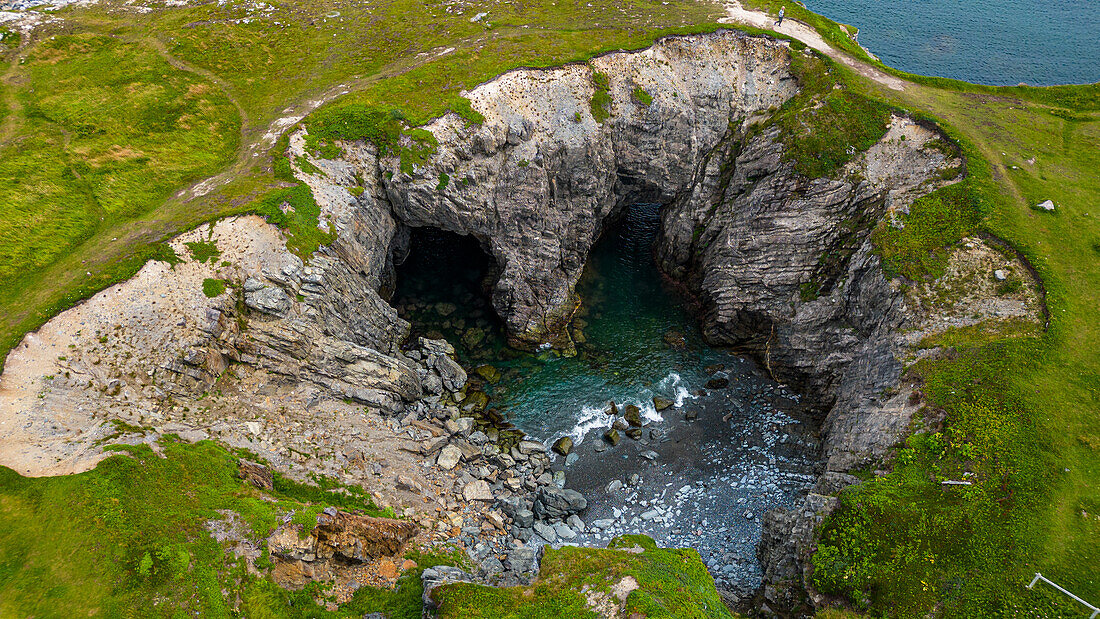 Double arch, Dungeon Provincial Park, Bonavista Peninsula, Newfoundland, Canada, North America