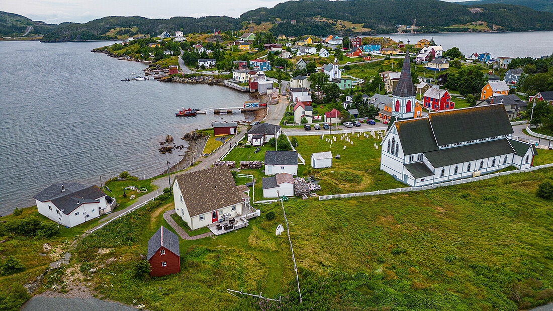 Aerial of the historic town of Trinity, Bonavista Peninsula, Newfoundland, Canada, North America