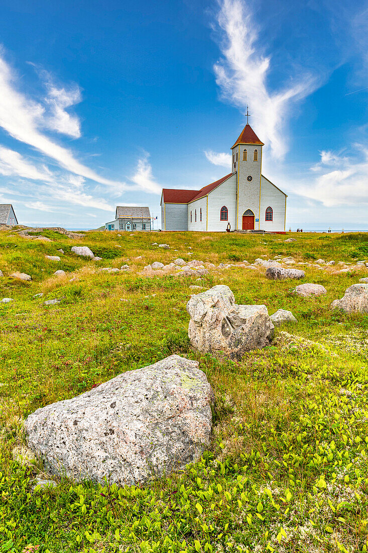 Church and old fishing houses, Ile aux Marins, fishermen's island, Territorial Collectivity of Saint-Pierre and Miquelon, Overseas Collectivity of France, North America