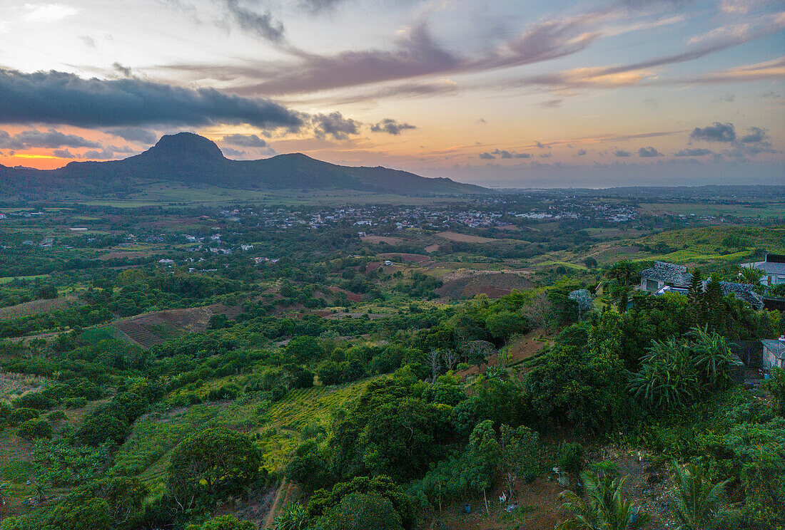 Aerial view of Long Mountain at sunset from near Congomah, Mauritius, Indian Ocean, Africa