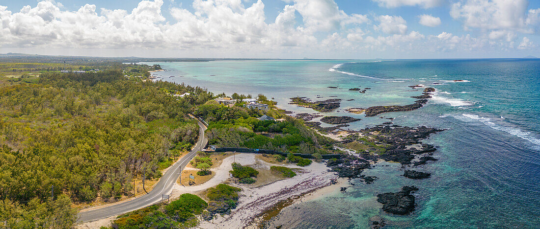 Aerial view of coastline near Poste La Fayette Public Beach, Mauritius, Indian Ocean, Africa