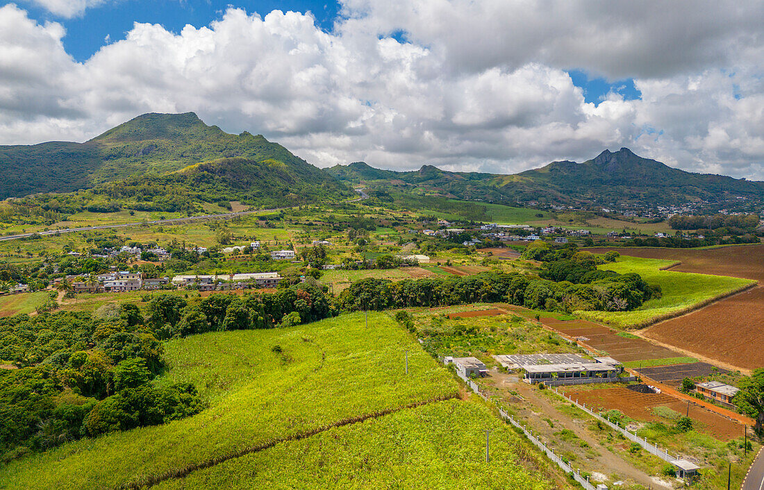 Aerial view of Long Mountain and fields at Long Mountain, Mauritius, Indian Ocean, Africa